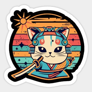 Kawaii Cat Samurai Colorful Retro Design Sticker